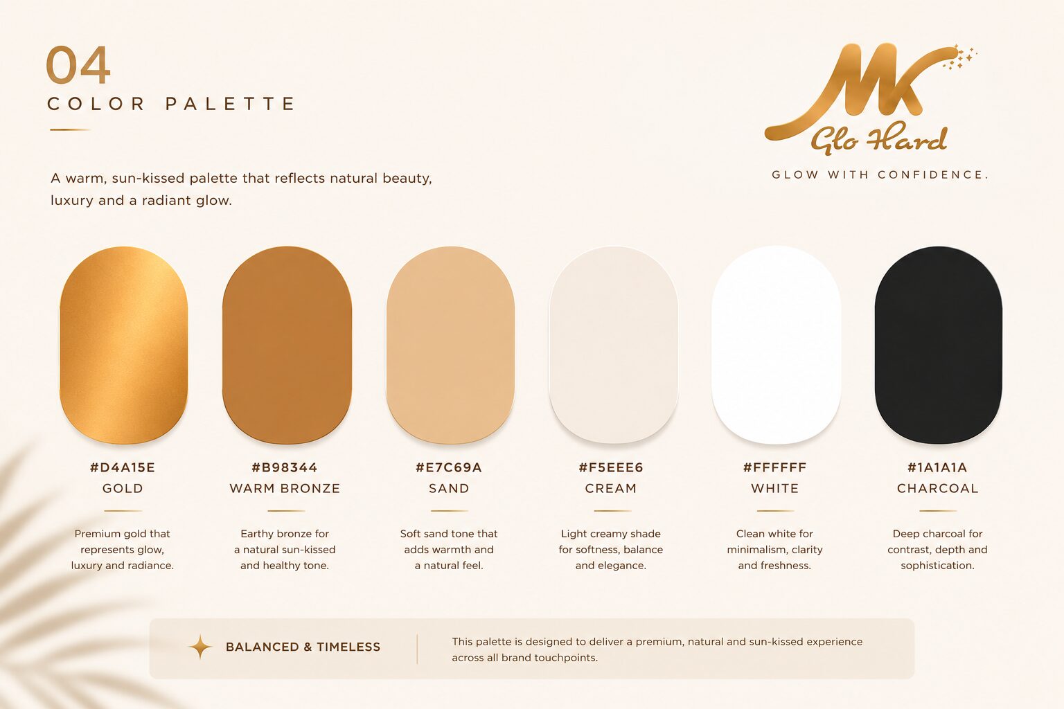 The Glo Hard brand board showing six palette values with their names and hex codes.