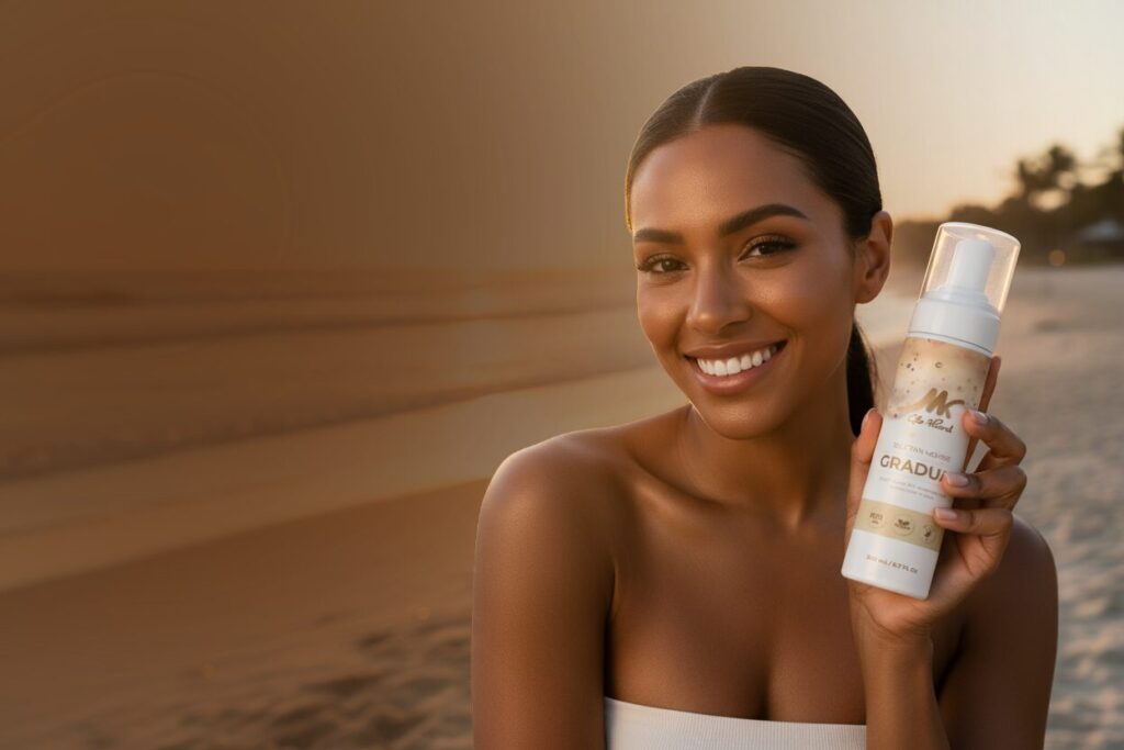 A woman on a beach at golden hour holding a bottle of Glo Hard Gradual self-tan mousse.