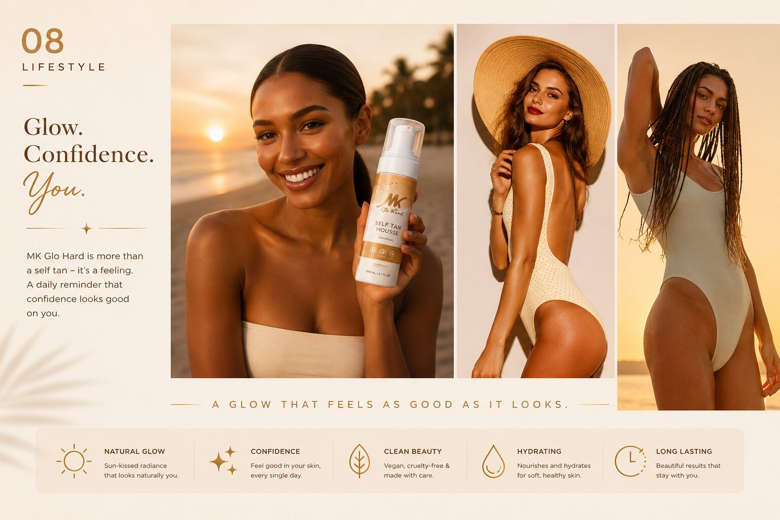 Glo Hard lifestyle photography with the product benefit set in gold line icons.