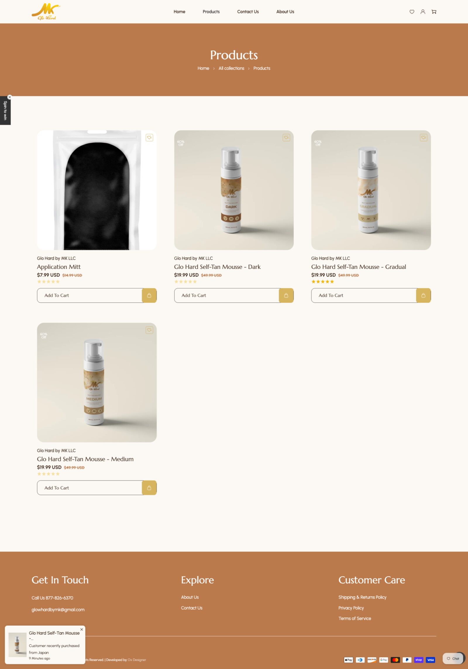 The Glo Hard Shopify products page showing four products with prices.