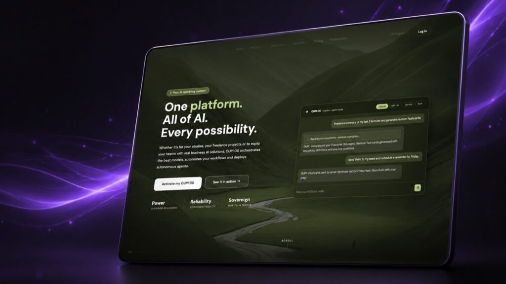The OUPI AI platform interface shown on a tablet, from the launch campaign.