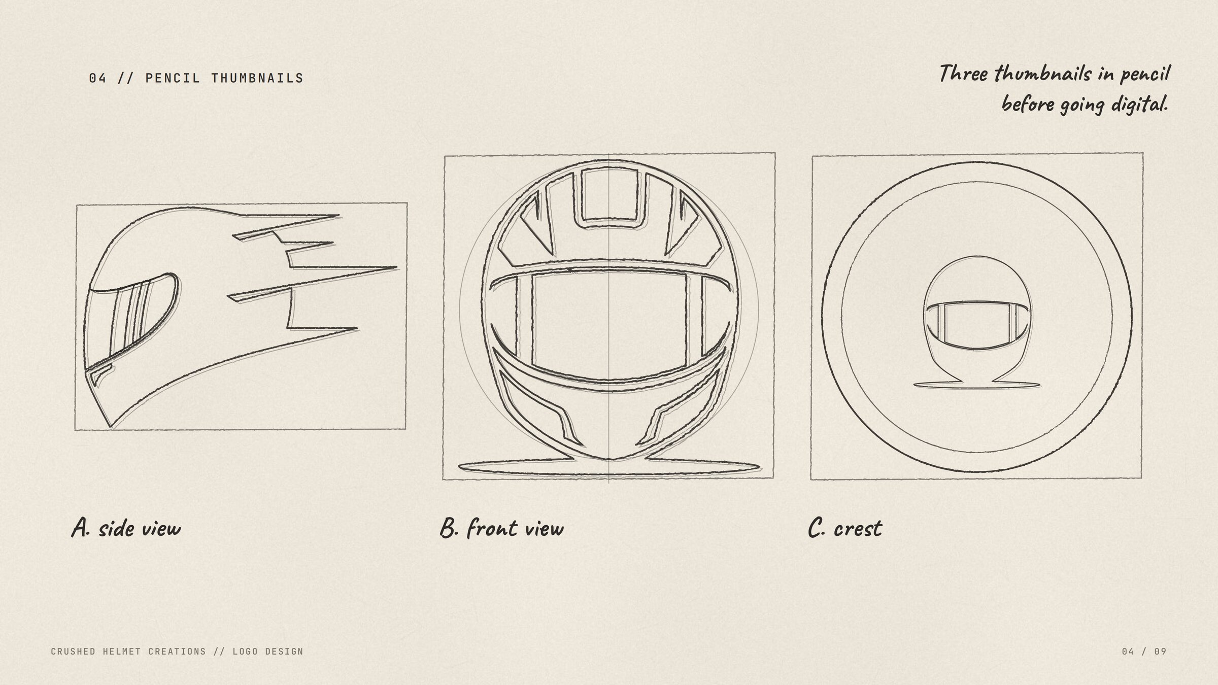 Three pencil thumbnails for the Crushed Helmet logo