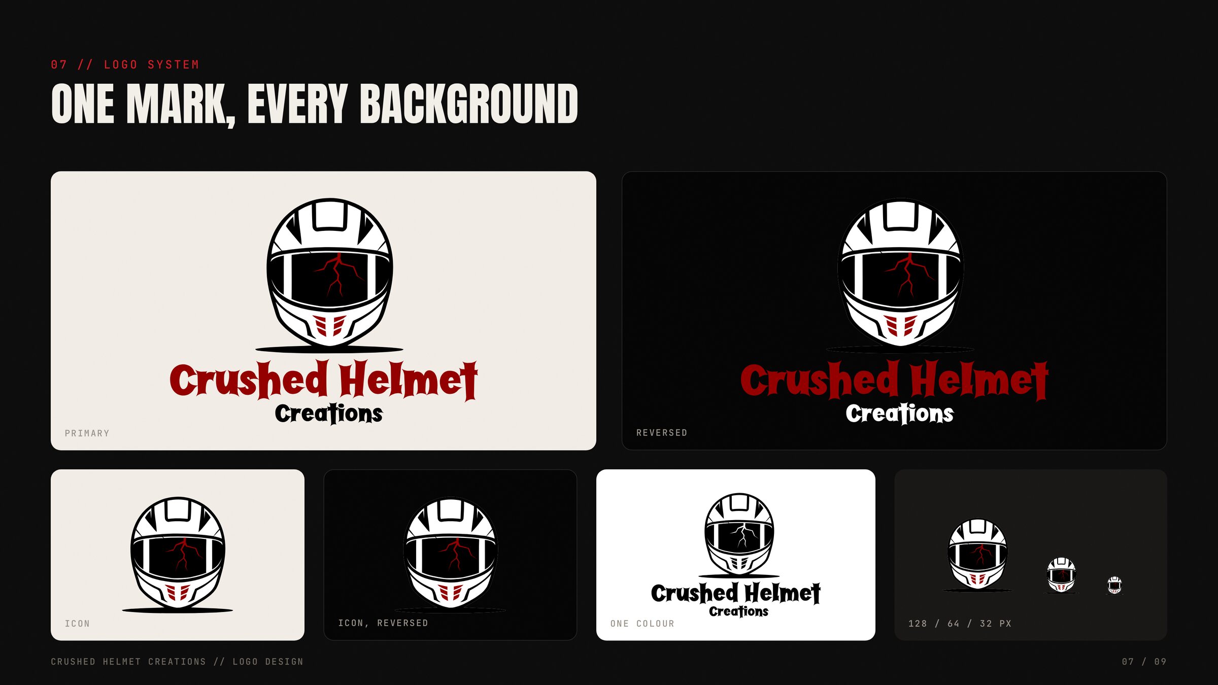 Crushed Helmet logo system across backgrounds